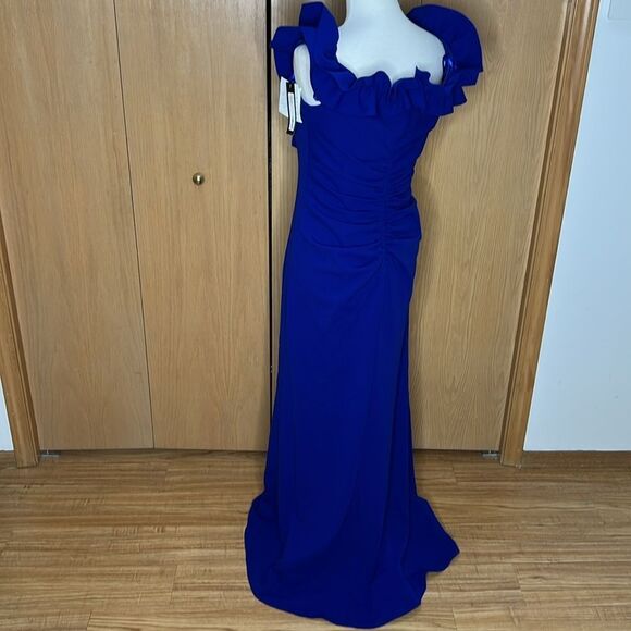 Xscape Women's Long Stretch Scuba Crepe Ruffle Collar Ruched Dress Size 14 NWT - Picture 7 of 13